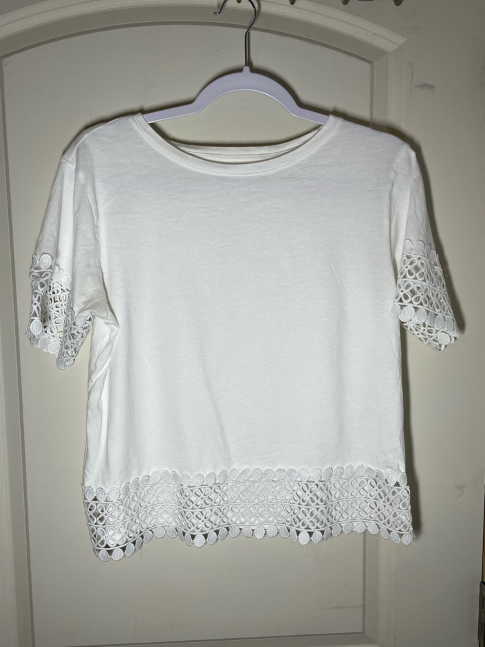 White Crochet Trim Top Short Sleeve Feminine Lightweight Layering Tee